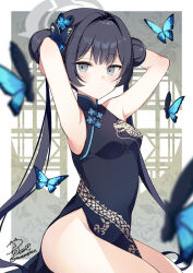 Rule 34 | 1girl, absurdres, armpits, arms behind head, arms up, bare arms, bare shoulders, black dress, black hair, blue archive, blurry, breasts, bug, butterfly, butterfly hair ornament, china dress, chinese clothes, closed mouth, commentary request, depth of field, double bun, dragon print, dress, expressionless, grey eyes, hair bun, hair ornament, halo, highres, insect, kisaki (blue archive), long hair, looking at viewer, no panties, peke (xoxo melon), pelvic curtain, print dress, sitting, sleeveless, sleeveless dress, small breasts, solo, thighs, twintails, very long hair