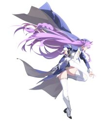 1girl alpha_transparency animal_ears boots braid clothing_cutout counter:side earrings eye_symbol eye_trail floating_clothes floating_hair floating_veil from_side full_body glint high_heel_boots high_heels jewelry juliet_sleeves leaning_forward leg_up legs light_trail long_hair long_sleeves lucia_ridge nun official_art plantar_flexion puffy_sleeves purple_hair simple_background smile solo thighhighs transparent_background very_long_fingernails very_long_hair white_boots white_thighhighs wolf_ears
