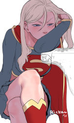 1girl alien animification arm_support blonde_hair blue_eyes blue_skirt boots cape crossed_legs dc_comics female_focus kryptonian long_hair long_sleeves midriff realistic red_boots red_cape ricken s_shield shoes signature sitting skirt solo supergirl superman_(series)