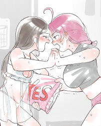 2girls absurdres ahoge babydoll blush breasts cat_cutout cleavage clothing_cutout english_text eye_contact fighting highres holding_hands interlocked_fingers large_breasts looking_at_another multiple_girls original panties pillow pink_panties small_breasts takeno_(takenoo2) underwear white_panties yes yes-no_pillow yuri