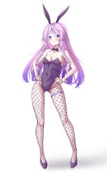 Rule 34 | absurdres, animal ears, black leotard, blue eyes, blush, bow, bowtie, braid, breasts, citlali (genshin impact), covered navel, detached collar, facial mark, fake animal ears, fishnet pantyhose, fishnets, forehead mark, full body, genshin impact, gradient hair, hands on own hips, highleg, highleg leotard, highres, leotard, long hair, medium breasts, multicolored hair, pantyhose, pink hair, pink pupils, playboy bunny, purple hair, rabbit ears, rabbit tail, simple background, strapless, strapless leotard, tabibito (pew cpotty), tail, traditional bowtie, twin braids, white background