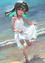 1girl aged_down bare_legs barefoot beach bad_tag blush child dark-skinned_female dark_skin dress green_hair highres idolmaster idolmaster_cinderella_girls jewelry long_hair looking_at_viewer natalia_(idolmaster) necklace outdoors pettan_p purple_eyes see-through_silhouette sleeveless sleeveless_dress smile solo standing standing_on_one_leg toes white_dress