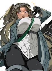 Rule 34 | 1girl, :d, between breasts, black gloves, black pants, blue coat, breasts, brown hair, coat, commentary, cowboy shot, devyat&#039; association north uniform, english commentary, from below, gloves, goggles, goggles on head, hand up, highres, jacket, limbus company, long hair, notice lines, open mouth, pants, project moon, purple eyes, rodion (project moon), shirt, simple background, smile, solo, strap between breasts, teeth, upper teeth only, v, white background, white jacket, white shirt, yongsadragon
