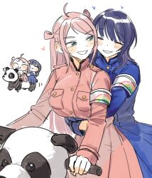 2girls ahoge armband asaka_karin blue_dress blue_eyes blue_hair blush breasts c: closed_eyes coat_dress commentary_request dark_blue_hair dress grin half-closed_eyes heart high_collar hug hug_from_behind korean_commentary large_breasts long_hair long_sleeves love_live! love_live!_nijigasaki_high_school_idol_club mayonejeu medium_hair mole mole_under_eye multiple_girls nijiyon official_alternate_costume panda parted_bangs pink_dress pink_hair riding ryouran!_victory_road_(love_live!) sidelocks simple_background smile swept_bangs two_side_up white_armband white_background zhong_lanzhu
