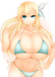 10s 1girl bikini blonde_hair blue_bikini blue_eyes boku_wa_tomodachi_ga_sukunai breasts butterfly_hair_ornament cleavage facominn female_focus gigantic_breasts hair_flip hair_ornament hand_on_own_hip highres kashiwazaki_sena long_hair looking_at_viewer navel raised_eyebrow side-tie_bikini_bottom simple_background skindentation smirk solo swimsuit