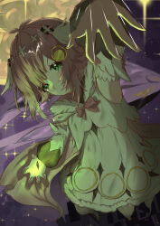 absurdres bow bowtie detached_sleeves dress flower frilled_dress frills granbelm green_eyes hair_flower hair_ornament highres kohinata_mangetsu magical_girl pink_bow pink_bowtie pink_hair short_hair string user_zxrt2275
