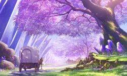 cherry_blossoms commentary_request covered_wagon crystal dappled_sunlight day falling_petals flower grass highres horse no_humans original outdoors petals pink_flower rock scenery sign sunlight tree yamakou_(yamakou_e2) yellow_flower