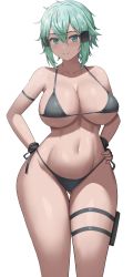1girl absurdres alternate_breast_size arm_strap bikini black_bikini blush breasts cleavage closed_mouth collarbone green_eyes green_hair hair_ornament hands_on_own_hips highres jasony large_breasts looking_at_viewer side-tie_bikini_bottom sideboob simple_background sinon smile solo standing swimsuit sword_art_online thigh_strap thighs underboob white_background