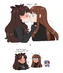 3girls ? @_@ blush brown_hair closed_eyes dashingicecream english_text fate/extra fate/extra_record fate_(series) full-face_blush kishinami_hakuno_(female) kiss long_hair matou_sakura matou_sakura_(fate/extra) multiple_girls official_alternate_costume puff_of_air purple_hair simple_background tohsaka_rin_(fate/extra) tsundere white_background yuri