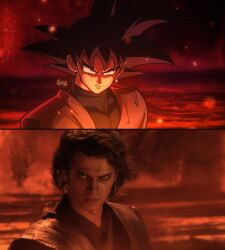 2boys anakin_skywalker anakin_skywalker_(cosplay) black_hair cosplay covered_collarbone dragon_ball dragon_ball_super earrings goku_black highres jewelry lava looking_at_viewer male_focus multiple_boys outdoors potara_earrings renatt_(rntt_o) serious short_hair spiked_hair star_wars star_wars:_revenge_of_the_sith