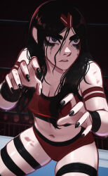 Rule 34 | 1girl, absurdres, black eyeliner, black hair, black nails, breasts, cleavage, commentary, english commentary, eyeliner, highres, kadence (veyonis), long hair, makeup, medium breasts, nail polish, navel, original, parted lips, runny makeup, solo, sweat, veyonis, wrestling outfit, wrestling ring