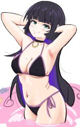 1girl absurdres armpits bikini black_bikini black_choker black_hair blush bocchi_the_rock! breasts choker cleavage closed_mouth green_eyes highres large_breasts long_hair looking_at_viewer mole mole_on_breast navel navel_piercing nipple_piercing pa-san piercing side-tie_bikini_bottom smile solo swimsuit treepxiv