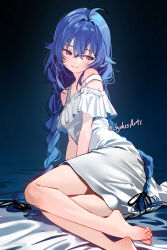 1girl artist_name barefoot bed blue_background blue_eyes blue_hair braid commentary crossed_bangs dress english_commentary feet highres long_hair looking_at_viewer looking_to_the_side lying mushoku_tensei off-shoulder_dress off_shoulder on_bed on_side paid_reward_available patreon_username roxy_migurdia solo strap_slip sydus thighs toes twin_braids very_long_hair white_dress