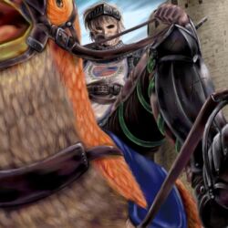 1boy 2000s_(style) armor armored_boots badbullet beard bird boots brown_pants castle chainmail emblem facial_hair foot_out_of_frame from_below holding holding_reins knight_(ragnarok_online) lowres male_focus open_mouth pants peco_peco ragnarok_online reins riding riding_bird short_hair solo tabard visor_(armor) white_tabard