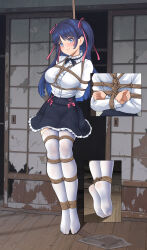 Rule 34 | 1girl, absurdres, arms behind back, bdsm, black ribbon, black skirt, blue eyes, blue hair, blush, bondage, borrowed character, bound, bound legs, bow, breasts, close-up, from behind, hair ribbon, highres, indoors, large breasts, long hair, long sleeves, looking at viewer, neck ribbon, no shoes, original, pink bow, pink ribbon, ribbon, shibari, shirt, shoes, skirt, sliding doors, smile, soles, solo, suspension, thighhighs, tiptoes, twintails, two side up, very long hair, white shirt, white thighhighs, wooden floor, yanx5