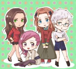 4girls :o black_pantyhose black_shoes black_shorts blue_eyes blue_shirt blue_shorts blush bracelet brown_hair brown_skirt chibi closed_mouth collared_shirt commentary_request crossed_arms diana_(kyokugen_dasshutsu) earrings eyelashes flower freckles glasses green_eyes hair_flower hair_ornament hand_on_own_hip high-waist_shorts hoop_earrings jewelry kaniebihotate kurashiki_akane kyokugen_dasshutsu long_hair long_skirt long_sleeves mira_(kyokugen_dasshutsu) multiple_girls open_mouth orange_hair outline pantyhose phi_(kyokugen_dasshutsu) purple_eyes purple_shoes red_shirt shirt shoes short_hair short_shorts shorts sitting skirt smile standing very_short_hair white_hair white_outline white_shirt zero_escape:_toki_no_dilemma