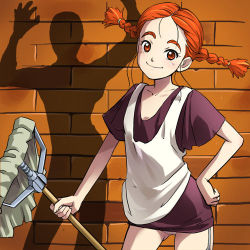 1980s_(style) 1990s_(style) 1girl 2006 blush braid brick brick_wall cowboy_shot daddy_long_legs different_shadow dress facing_viewer garter_straps hair_tie hand_on_own_hip haruyama_kazunori head_tilt holding holding_mop judy_abbott looking_at_viewer lowres mop nippon_animation oldschool panties panty_peek parted_hair purple_dress red_eyes red_hair retro_artstyle running_bond shadow short_hair short_sleeves silhouette smile smock standing twin_braids underwear upskirt watashi_no_ashinaga_ojisan world_masterpiece_theater