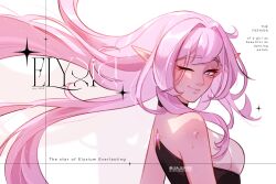 1girl 2025 artist_name black_dress character_name closed_mouth commentary dress elysia_(honkai_impact) english_commentary english_text floating_hair from_side highres honkai_(series) honkai_impact_3rd jiajuniee july one_eye_closed pink_eyes pink_hair pointy_ears smile