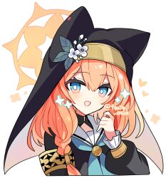 1girl :d animal_ear_headwear black_shirt black_veil blue_archive blue_eyes blue_neckerchief blush commentary cropped_torso fake_animal_ears halo hand_up highres long_hair long_sleeves looking_at_viewer mari_(blue_archive) neckerchief open_mouth orange_hair sailor_collar school_uniform serafuku shirocha_tei shirt simple_background smile solo twitter_username veil white_background white_sailor_collar yellow_halo