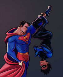 2boys absurdres batman_(series) black_hair blue_bodysuit bodysuit cape cierv-o-robot-o clark_kent crossed_arms dc_comics dick_grayson domino_mask highres holding_leg male_focus mask multiple_boys nightwing red_cape simple_background smile superman superman_(series) upside-down