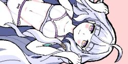 bad_source bra eung-eung from_above grey_hair long_hair lowres lying mabinogi multicolored_eyes panties pixel_art rowan_(mabinogi) simple_background smile two-tone_eyes underwear
