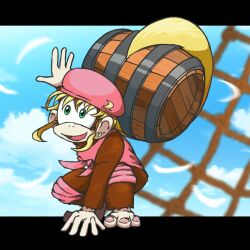1girl barrel blonde_hair blue_sky brown_fur day dixie_kong donkey_kong_(series) furry furry_female green_eyes hat krook_march long_hair looking_at_viewer nintendo outdoors pink_hat sky solo squatting