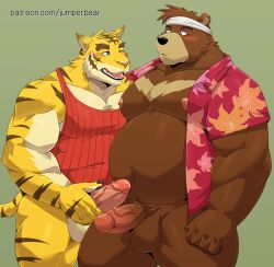 2boys absurdres animal_ears artist_name bandana bara bear_boy bear_ears belly biceps blush brown_fur commentary english_commentary erection fat furry furry_male hand_on_own_penis highres imminent_nipple_licking jumperbear kenji_mikazuki looking_at_another male_focus morenatsu multiple_boys muscular muscular_male navel nipples no_pants one_eye_closed open_clothes open_mouth open_shirt patreon_username pectorals penis plump red_shirt red_tank_top shirt tail tank_top testicles tiger_boy tiger_ears tiger_stripes tiger_tail torahiko_oshima veins veiny_penis white_bandana yaoi yellow_fur