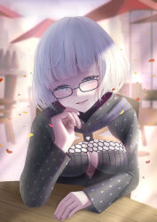 1girl absurdres anata6350 black-framed_eyewear black_jacket blue_eyes bob_cut breasts chair commentary_request cropped_jacket fate/grand_order fate_(series) fingernails glasses highres hood hood_down hooded_jacket indoors jacket jacques_de_molay_(foreigner)_(fate) long_sleeves looking_at_viewer medium_breasts purple_nails sitting smile solo table white_hair