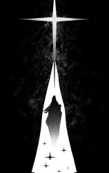2others benkdjjituibot black_background black_cloak black_hair carrying cloak color_contrast floating glint greyscale highres hood hood_up monochrome multiple_others oldest_dream omniscient_reader&#039;s_viewpoint princess_carry secretive_plotter short_hair silhouette sky sparkle spotlight star_(sky) starry_sky