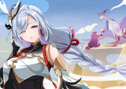 Rule 34 | 2girls, animal, azuma yuki, bird, black gloves, blue eyes, blue sky, bouquet, braid, breasts, character request, cloud, cloud retainer (genshin impact), commentary request, crop top, crop top overhang, day, flower, genshin impact, gloves, grey hair, hand up, holding, holding bouquet, large breasts, long hair, long sleeves, multiple girls, outdoors, partially fingerless gloves, purple hair, shenhe (genshin impact), signature, single braid, sky, very long hair, watermark, white flower, wide sleeves, xianyun (genshin impact)
