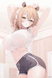 1girl alternate_costume animal_ears armpits arms_behind_head arms_up bare_arms black_shorts blurry blush breasts brown_hair commentary cropped_shirt crossed_bangs deyui dolphin_shorts english_commentary green_eyes highres indie_virtual_youtuber indoors large_breasts looking_at_viewer loungewear midriff navel nimi_nightmare one_side_up open_mouth shirt short_shorts shorts sleeveless sleeveless_shirt solo sweat tapir_ears tapir_girl teeth upper_teeth_only virtual_youtuber white_shirt