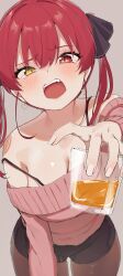 Rule 34 | 00s1g00, 1girl, absurdres, alternate costume, black pantyhose, black ribbon, black shorts, blush, breasts, cleavage, commentary request, cowboy shot, cup, drink, drunk, duplicate, earrings, glass, grey background, hair ribbon, heterochromia, highres, holding, holding cup, hololive, houshou marine, jewelry, large breasts, leaning forward, long hair, looking at viewer, off-shoulder sweater, off shoulder, open mouth, pantyhose, pink sweater, reaching, reaching towards viewer, red eyes, red hair, ribbon, short shorts, shorts, simple background, solo, strap slip, sweater, teeth, twintails, upper teeth only, virtual youtuber, yellow eyes