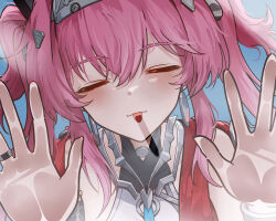 1girl absurdres against_glass blush closed_eyes collar commentary earrings english_commentary facing_viewer fingernails hair_between_eyes hair_ornament hairband hand_on_glass highres jewelry licking_ass long_hair lupa_(wuthering_waves) metal_collar metal_hairband pink_hair portrait ryeon_(naturesan) solo wuthering_waves