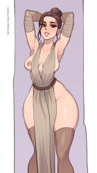 Rule 34 | 1girl, arm wrap, armpits, arms behind head, artist name, breasts, brown dress, brown eyes, brown hair, brown thighhighs, dress, highres, large breasts, looking at viewer, nipple slip, nipples, patreon username, pelvic curtain, rey (star wars), solo, standing, star wars, star wars: the force awakens, thighhighs, toksie, updo, watermark, web address, wide hips