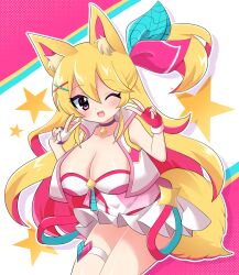 Rule 34 | 1girl, ;d, absurdres, animal ears, asymmetrical gloves, blonde hair, borrowed character, breasts, cleavage, colored inner hair, commission, cowboy shot, cropped jacket, double-parted bangs, double v, fingerless gloves, gloves, hair between eyes, hair ornament, hanging breasts, happy, highres, large breasts, light blush, long hair, looking at viewer, miniskirt, mismatched gloves, multicolored hair, onaka suita1013, one eye closed, one side up, open mouth, original, outline, pendant choker, pink gloves, pink hair, pleated skirt, purple eyes, second-party source, skirt, sleeveless, sleeveless jacket, smile, solo, star (symbol), star symbol background, teeth, thigh strap, two-tone hair, upper teeth only, v, very long hair, white gloves, white outline, white skirt, x hair ornament, yellow tail
