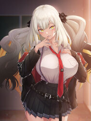 1girl breasts fate/grand_order fate_(series) flower grey_hair hair_flower hair_ornament hand_on_own_chest kemurin large_breasts long_hair marie_antoinette_(fate) marie_antoinette_alter_(fate) necktie pleated_skirt red_necktie school_uniform shirt skirt suspender_skirt suspenders white_shirt yellow_eyes