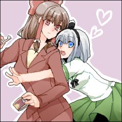 adapted_costume alternate_costume black_bow black_hairband blue_eyes bow brown_hair business_suit canned_fish formal_clothes frilled_bow frilled_hair_tubes frills green_sailor_collar green_skirt grey_hair hair_bow hair_tubes hairband hakurei_reimu heart konpaku_youmu kuroneko_(44yen) long_hair looking_at_another lowres multiple_girls red_skirt sailor_collar school_uniform serafuku skirt suit touhou