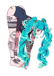 1girl aqua_eyes aqua_hair arm_tattoo back_tattoo bags_under_eyes bandaid bandaid_on_ass bandaid_on_knee bandaid_on_leg bent_over black_nails boby_oreon expressionless fingernails full-body_tattoo green_eyes hand_tattoo hatsune_miku highres leg_tattoo liquid_hair long_hair red_nails shoulder_tattoo solo stretching swimsuit tattoo top-down_bottom-up twintails very_long_hair vocaloid water
