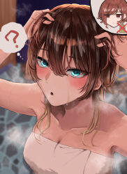 1girl ? absurdres aketa_mikoto arms_up breasts brown_hair cleavage collarbone commentary_request hair_between_eyes highres higuchi_madoka idolmaster idolmaster_shiny_colors inset large_breasts looking_up mitei_(illust_ro) naked_towel solo speech_bubble steam thought_bubble towel washing_hair