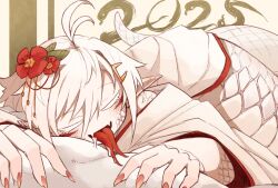 1girl 2025 absurdres chinese_zodiac closed_eyes colored_eyelashes commentary_request dated drooling fingernails forked_tongue highres japanese_clothes kaginoni kimono lamia monster_girl new_year original pointy_ears scales sharp_fingernails short_hair sleeping solo tongue tongue_out white_hair white_kimono white_scales year_of_the_snake yellow_background