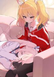 2girls ahoge blue_archive blush brown_eyes cardigan couch halo highres jacket lap_pillow long_hair lying multiple_girls natsu_(blue_archive) neckerchief on_couch on_side pink_hair red_jacket red_neckerchief side_ponytail sleeping sleeping_on_person sweatdrop tonikaku_kaku white_cardigan yellow_halo yoshimi_(blue_archive)