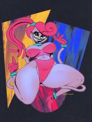 absurdres animate_inanimate boots breasts cameltoe clothes colored_skin eyelashes eyeshadow female_focus footwear_focus gloves green_eyes hairband high_heels highres humanoid_toy lipstick looking_at_viewer makeup midriff mommy_long_legs narrowed_eyes navel pink_hair pink_skin ponytail ponytail_hair poppy_playtime simple_background smile solo thick_thighs thighs tongue wide_hips wolftangart