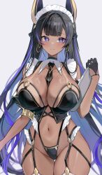 1girl absurdres ancient_egyptian animal_ears azur_lane between_breasts black_hair black_panties blush breasts cleavage cleopatra_(azur_lane) colored_inner_hair commentary dark-skinned_female dark_skin frills gold_armlet gold_trim gurami_(zangizarang) highres holding holding_tray jackal_ears jackal_girl large_breasts long_hair looking_at_viewer maid_headdress multicolored_hair navel necktie panties purple_eyes purple_hair revealing_clothes simple_background smile solo standing streaked_hair symbol-only_commentary symbol-shaped_pupils tan tanline thighhighs tray underwear very_long_hair white_background white_thighhighs