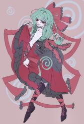 1girl absurdres adapted_costume arm_ribbon bags_under_eyes black_boots black_corset boots bow collared_dress commentary corset dress frilled_bow frilled_dress frills from_side front_ponytail full_body green_eyes green_hair hair_bow hand_up highres kagiyama_hina lace-up_boots long_hair no_nose open_mouth red_bow ribbon s2_(stwo) skirt_hold smile solo spiral spiral_background spiral_print standing symbol-only_commentary touhou two-tone_dress very_long_hair