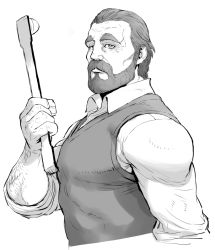 1boy backscratcher beard broad_shoulders commentary dress_shirt eizouken_ni_wa_te_wo_dasu_na! expressionless facial_hair fujimoto_sensei greyscale hair_slicked_back holding looking_at_viewer mahito_(tranjistor) male_focus massage_roller monochrome muscular mustache shirt simple_background solo sweater_vest thick_eyebrows upper_body white_background white_shirt wrinkled_skin