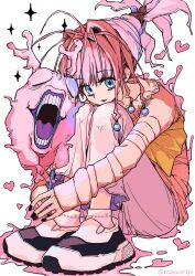 Rule 34 | 1girl, ankle socks, artist name, black lips, black nails, black shoes, blue eyes, closed eyes, closed mouth, ghost, hair intakes, hair ornament, hashtag-only commentary, headscarf, heart, highres, hunter x hunter, light smile, lips, lipstick, liquid, long sleeves, looking at viewer, makeup, masaartjv, nail polish, neon nostrade, open mouth, own hands together, pants, pink hair, pink headscarf, pink pants, pink shirt, purple lips, shirt, shoes, simple background, sitting, sleeves past wrists, socks, sparkle, teeth, twitter username, white background, white socks