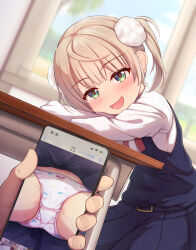 1boy 1girl absurdres backpack bag classroom day highres indie_virtual_youtuber indoors loli non_non_moral panties randoseru shigure_ui_(vtuber) shigure_ui_(vtuber)_(young) underwear virtual_youtuber