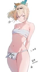 1girl :i absurdres alternate_costume arms_behind_back black_hairband blonde_hair breasts chest_sarashi cleavage collarbone cowboy_shot dated double-parted_bangs floating_hair fundoshi green_eyes green_ribbon hair_ribbon hairband half-closed_eyes highres hololive inuinuo_gataken japanese_clothes kazama_iroha looking_at_viewer medium_breasts medium_hair navel pout puffy_cheeks ribbon sarashi sidelocks signature solo squiggle stomach virtual_youtuber