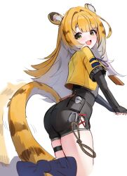 1girl animal_ear_fluff animal_ears ass black_gloves black_shirt blonde_hair blunt_bangs bow colored_inner_hair cowboy_shot desire_(des1re) elbow_gloves fang from_side gloves green_eyes hair_intakes high-waist_shorts highres hip_vent jacket ju_fufu loli long_hair looking_back multicolored_fur multicolored_hair open_mouth orange_fur shirt shorts simple_background skin_fang skindentation smile solo striped_fur striped_hair tail tail_bow tail_ornament tail_wagging thigh_strap thighs tiger_ears tiger_girl tiger_stripes tiger_tail white_background white_hair yellow_jacket zenless_zone_zero