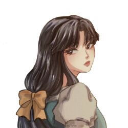 1girl artist_name black_eyes black_hair closed_mouth lips long_hair looking_back low-tied_long_hair pale_skin ranma_1/2 red_lips sidelocks signature simple_background solo stelaei straight_hair tendou_akane white_background